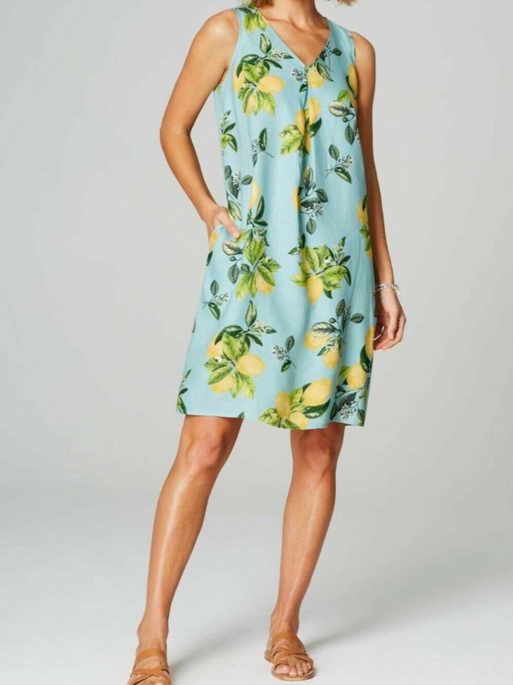 100% Linen J Jill Sleeveless Lemon Print Midi Dress Blue Yellow Size Large